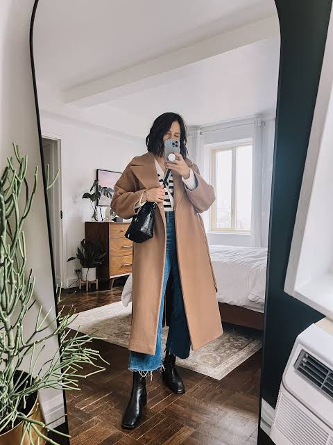 Camel Coat with Striped Top and Cropped Jeans Camel Coat with Striped Top and Cropped Jeans — Camel Coat Outfits