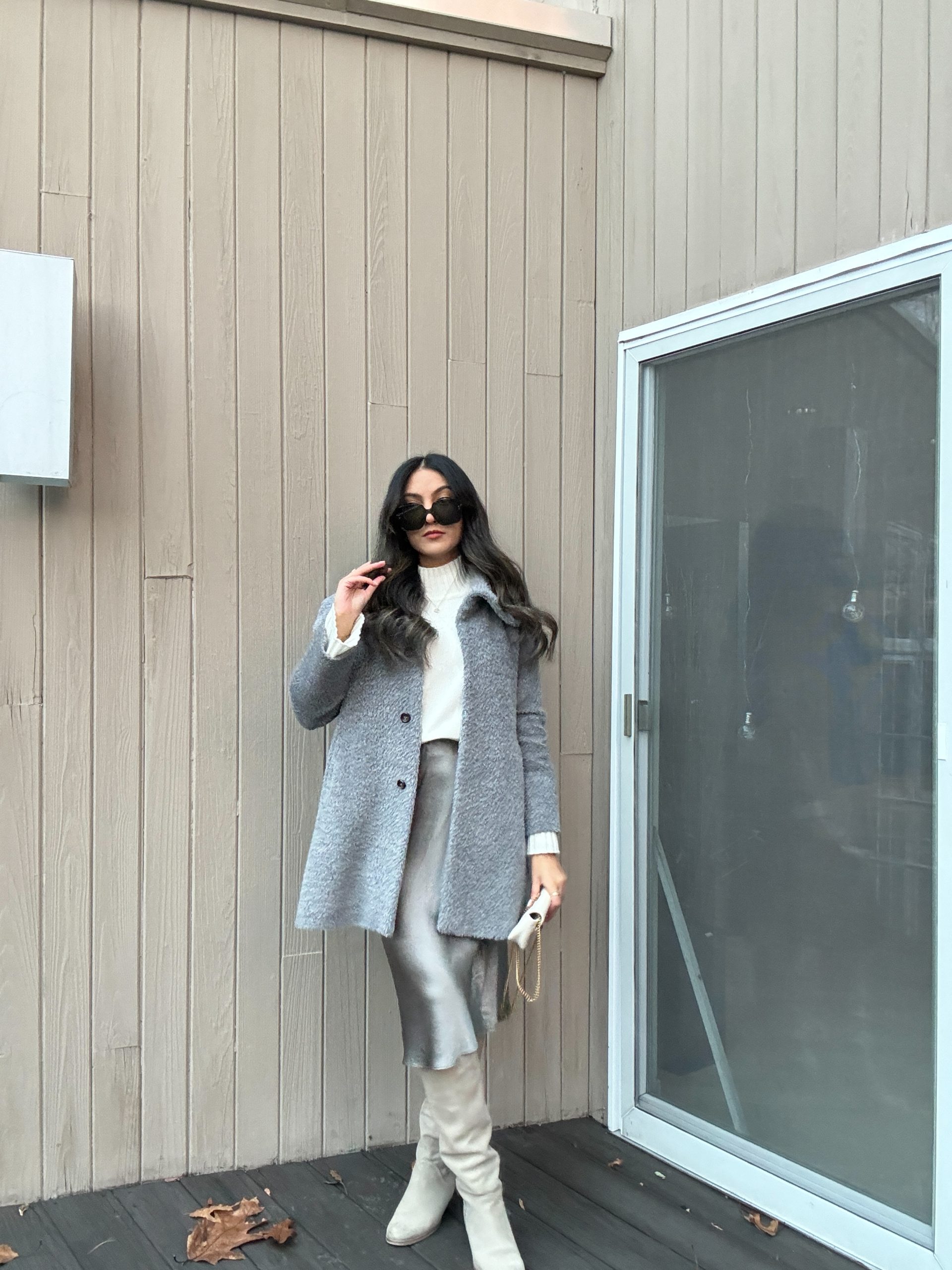 Grey Textured Coat with Satin Midi Skirt for Evening Elegance — Europe Winter Outfits
