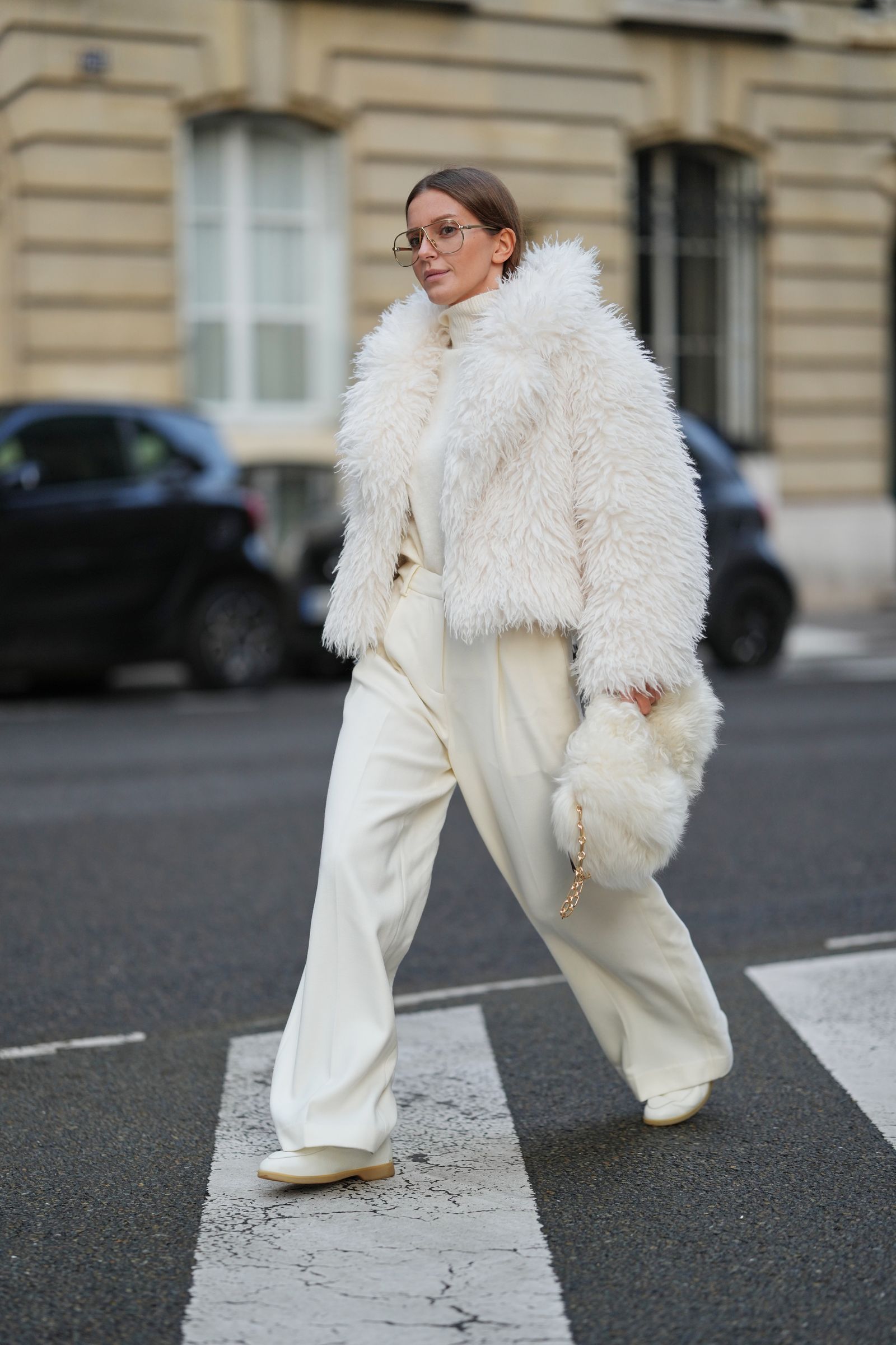 Monochromatic White Faux Fur Ensemble — Preppy Winter Outfits