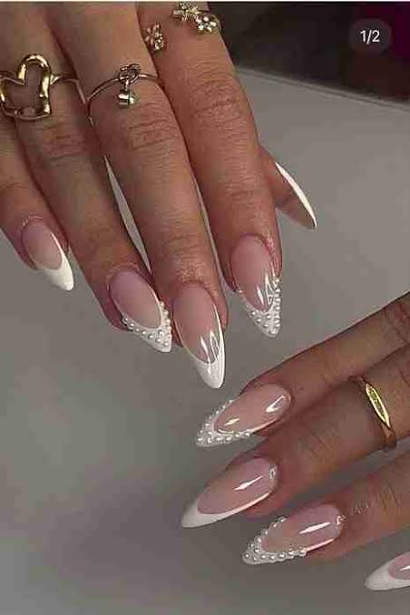 Pearl Embellished French Manicure Almonds Pearl Embellished French Manicure Almonds — Winter Formal Nails