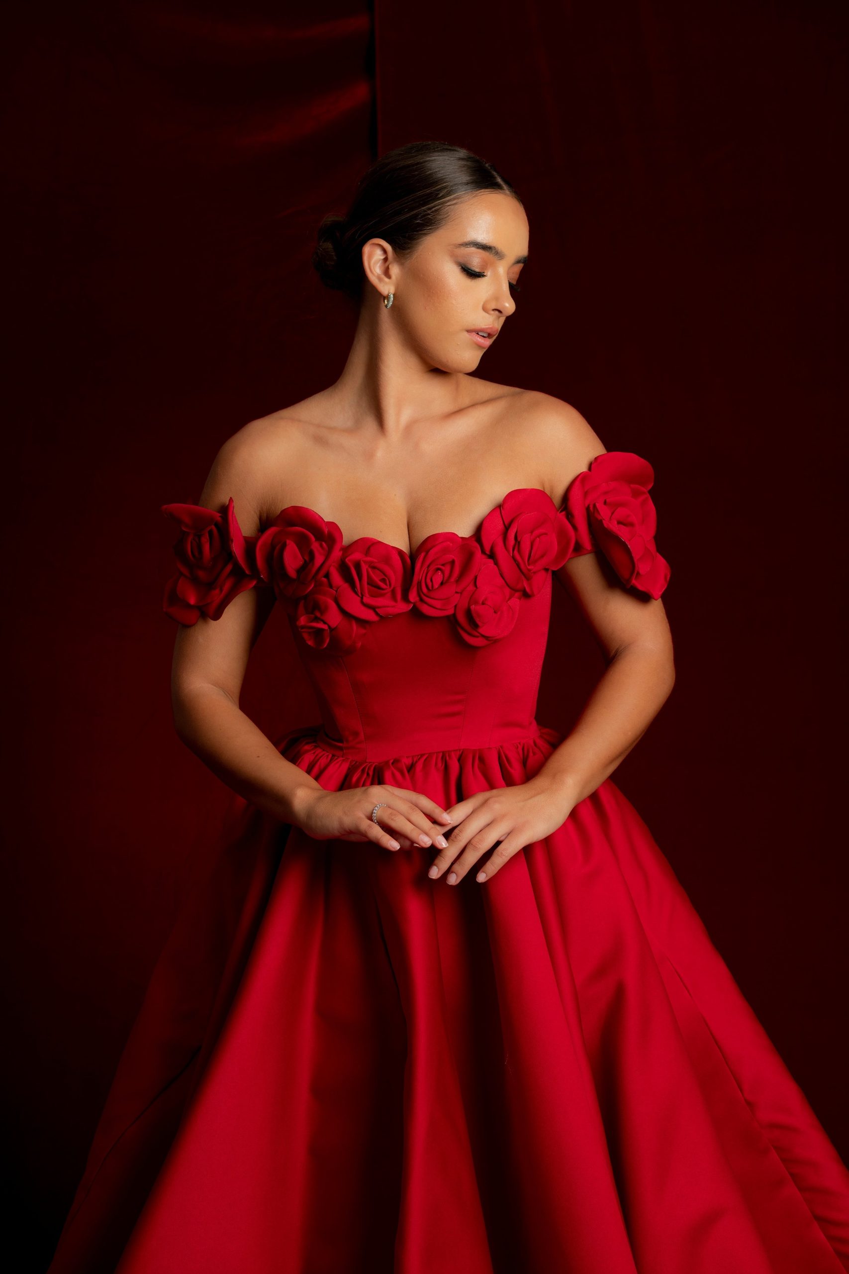 Red Satin Ballgown with Floral Off-the-Shoulder Neckline Red Satin Ballgown with Floral Off-the-Shoulder Neckline — Winter Formal Dresses