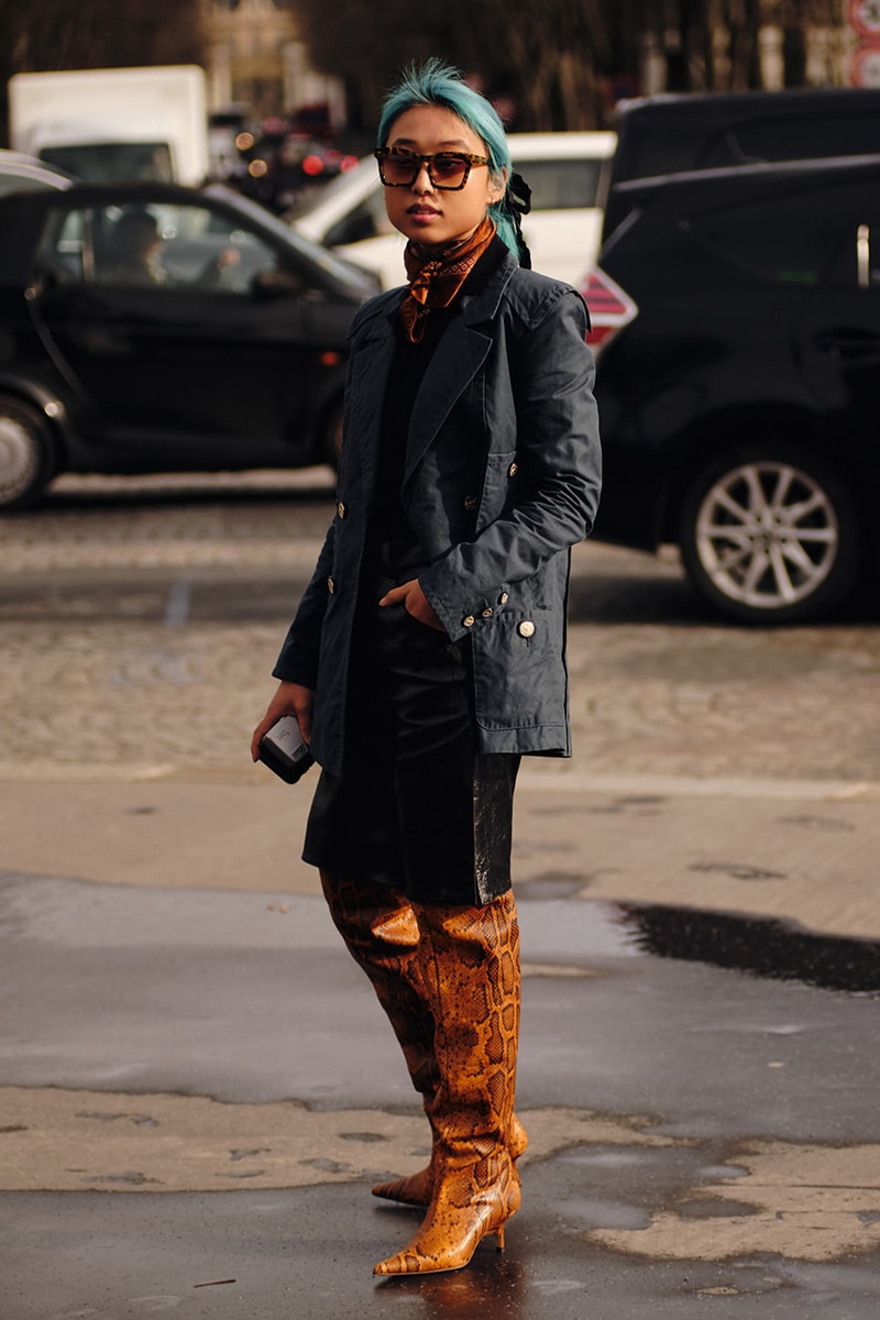Structured Blazer with Snakeskin Boots and Patterned Scarf — Paris Winter Outfits