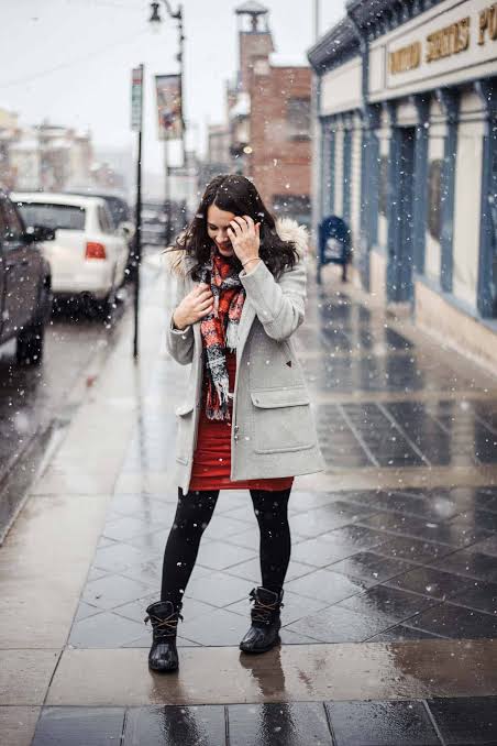 Parka Coat and Red Dress with Black Lace-Up Snow Boots Parka Coat and Red Dress with Black Lace-Up Snow Boots — Snow Boots Outfits