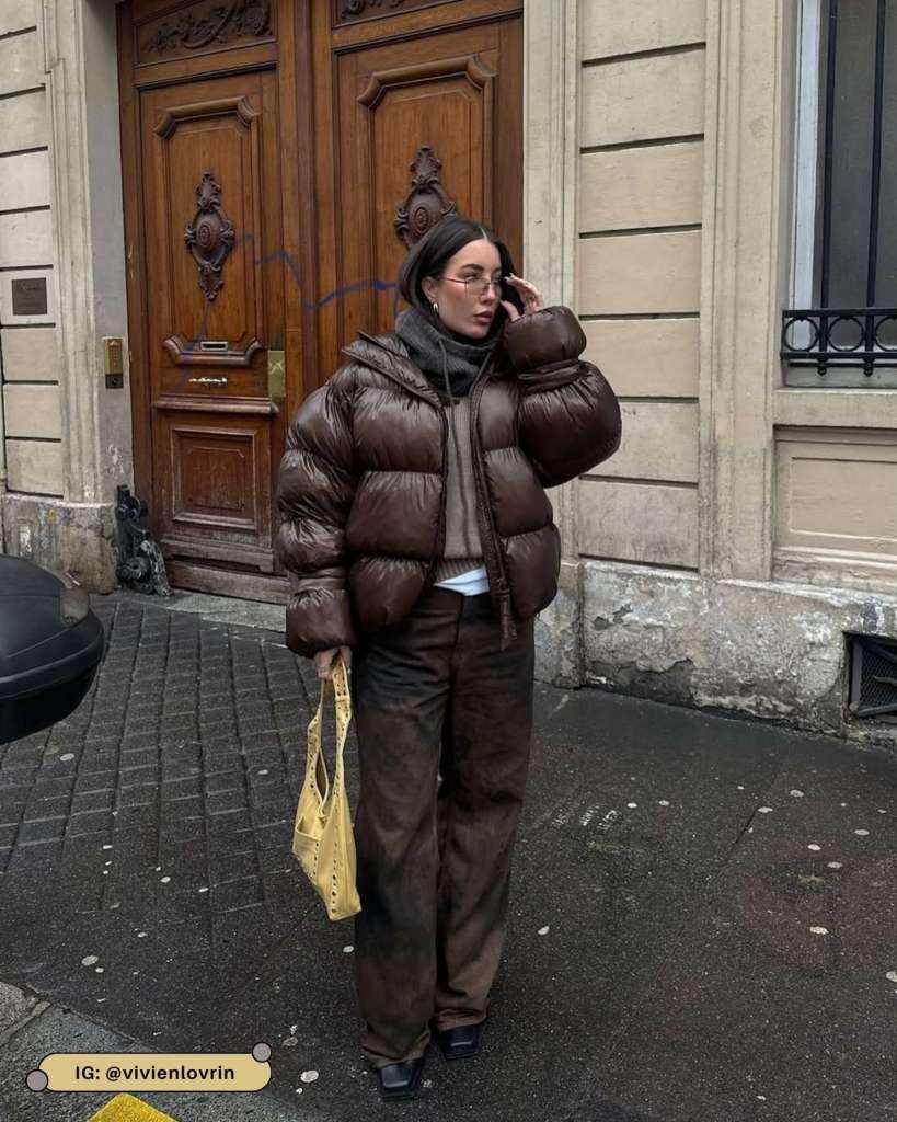 Textured Comfort: Oversized Brown Puffer with Grey Turtleneck — Winter Puffer Jacket Outfits