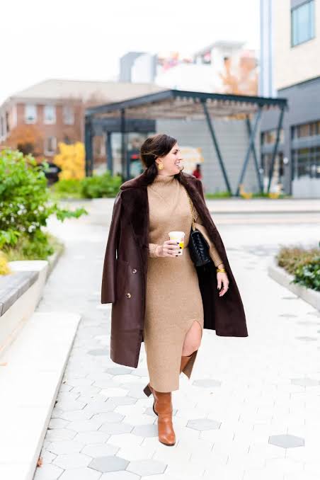 Cozy Beige Knit Dress with Faux Fur Trimmed Coat Cozy Beige Knit Dress with Faux Fur Trimmed Coat — Winter Going Out Outfits