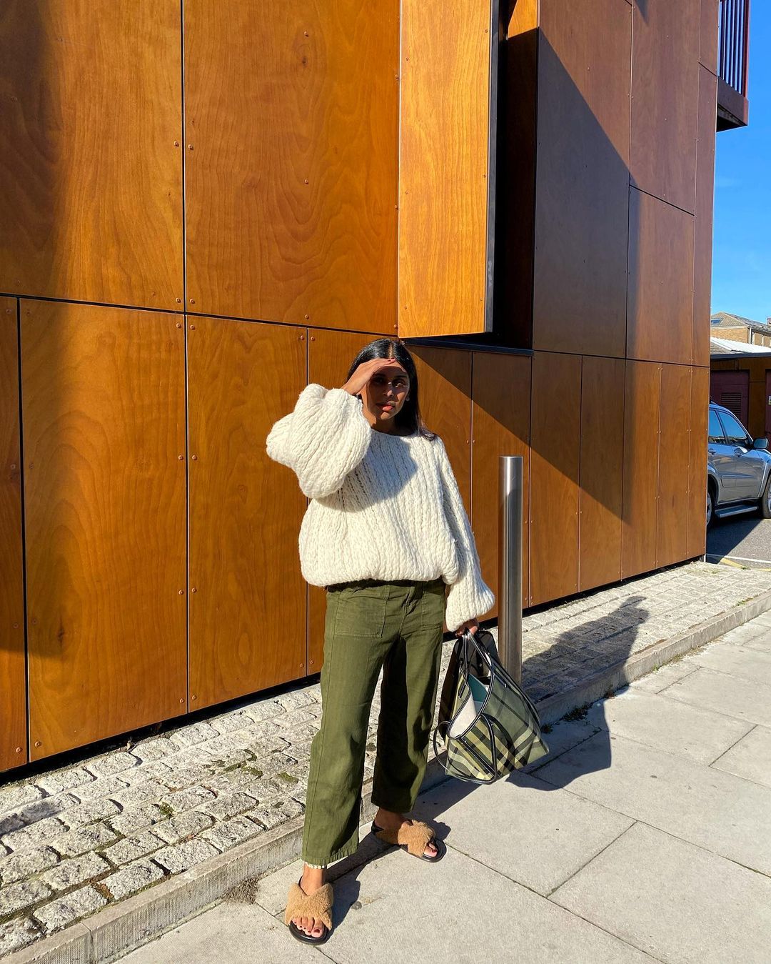 Cream Cable Knit Oversized Sweater with Olive Green Pants — Oversized Sweater Outfits
