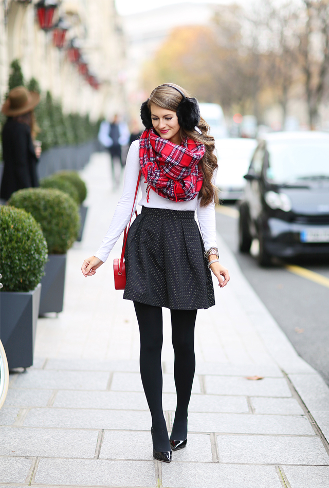 Polka Dot Skirt and Plaid Scarf for a Festive College Look — Winter College Outfits