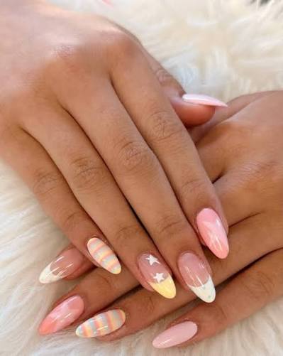 Nude Almond with Pastel Yellow French Tips and Floral — trendy almond nail designs
