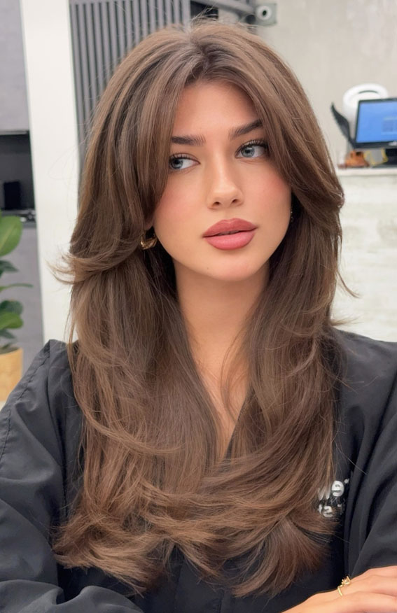 Medium Brown With Curtain Bangs Medium Brown With Curtain Bangs — Low Maintenance Winter Hair Colors