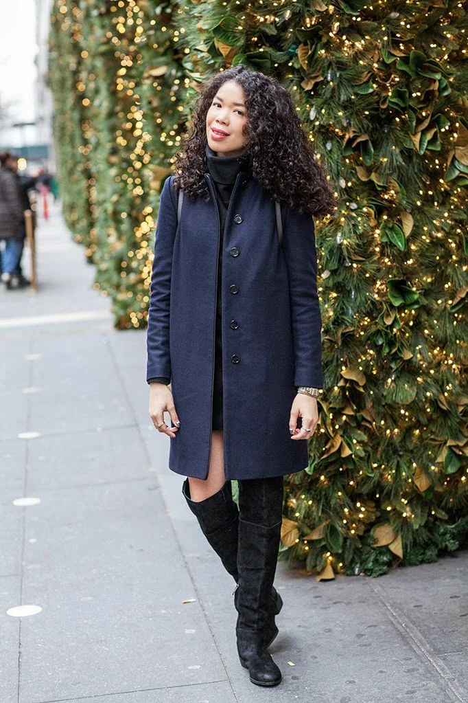 Edgy Navy Wool Coat with Mini Skirt and Over-the-Knee Boots — Wool Coat Outfits