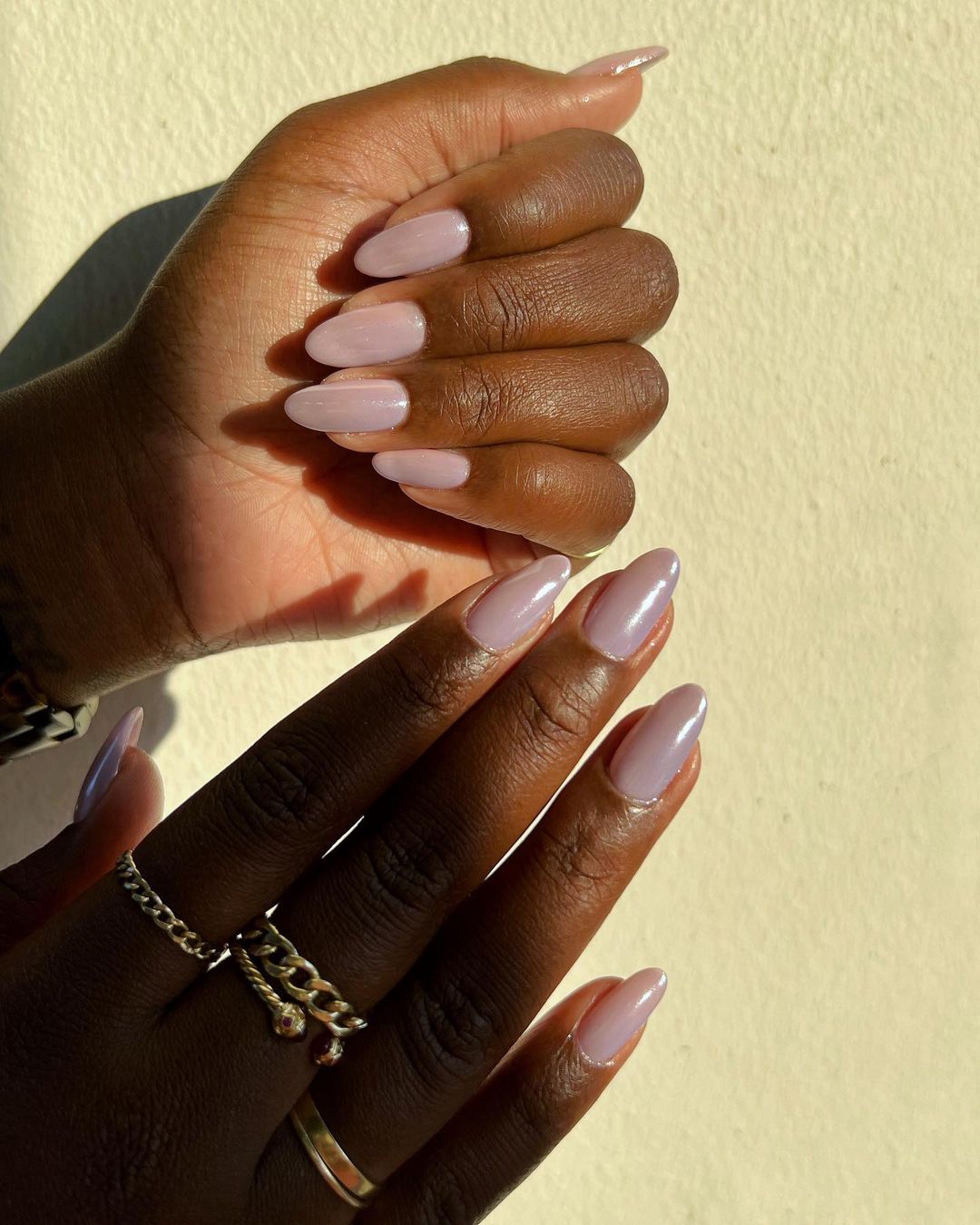 Pearlescent Lilac Shimmer Medium Almond Nails Pearlescent Lilac Shimmer Medium Almond Nails — Winter Nail Colors for Dark Skin