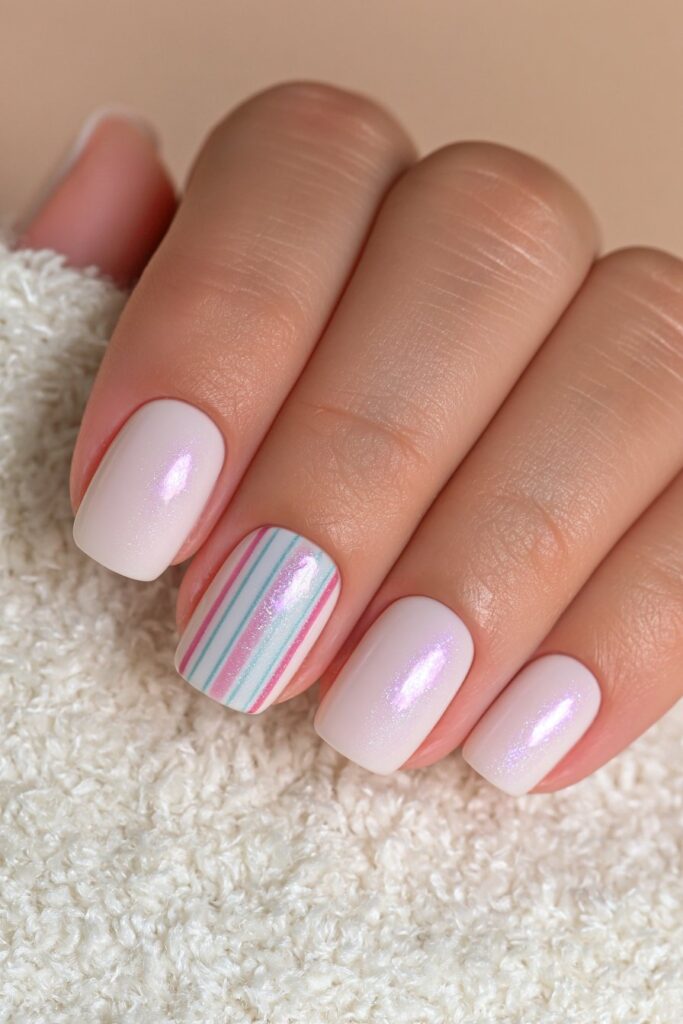 Pale Pink Iridescent with Pastel Stripes Pale Pink Iridescent with Pastel Stripes — simple nail designs