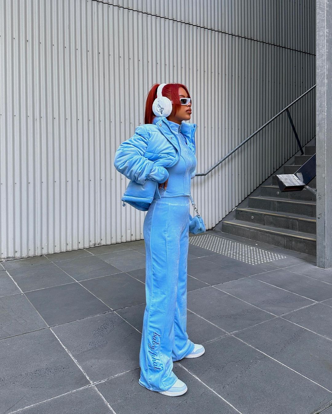 Monochromatic Light Blue Velour Set for Y2K Streetwear Monochromatic Light Blue Velour Set for Y2K Streetwear — Y2K Winter Outfits