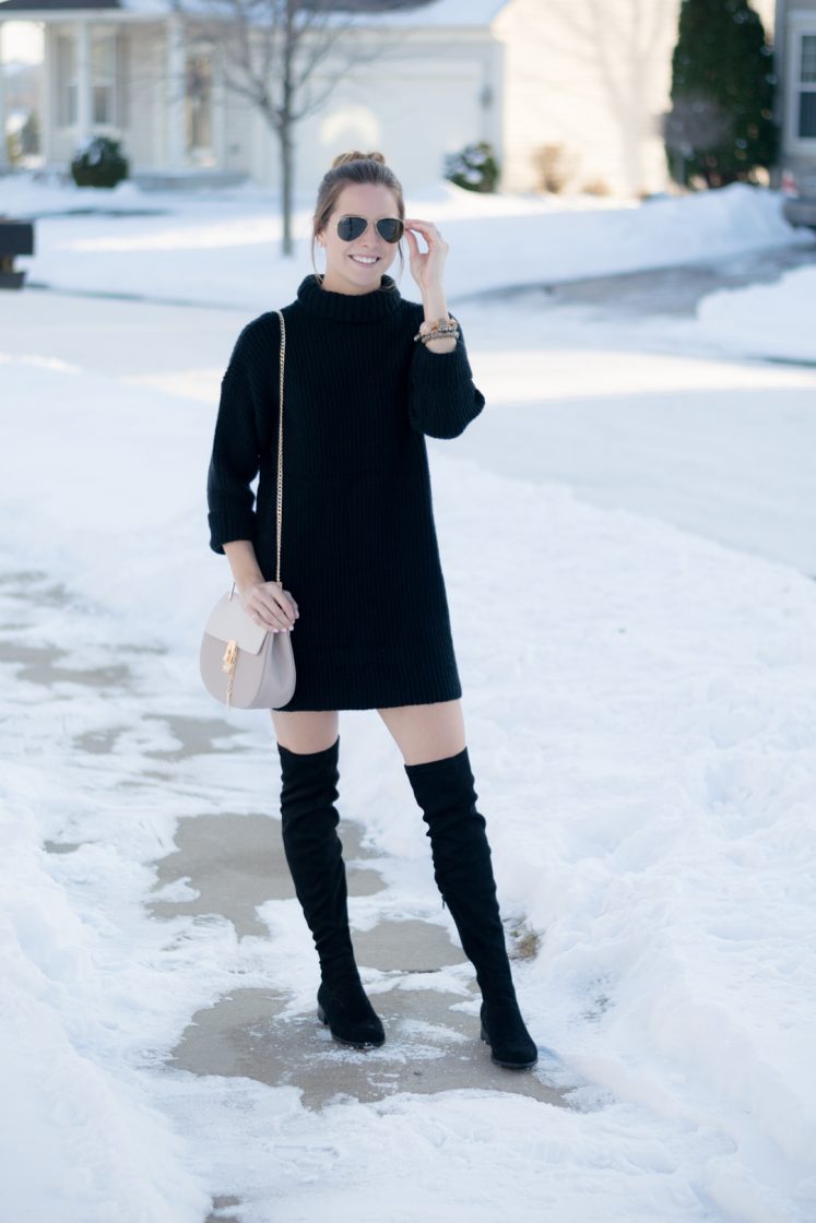 Black Turtleneck Sweater Dress with Over-the-Knee Boots and Colorblock Bag — Sweater Dress Outfits