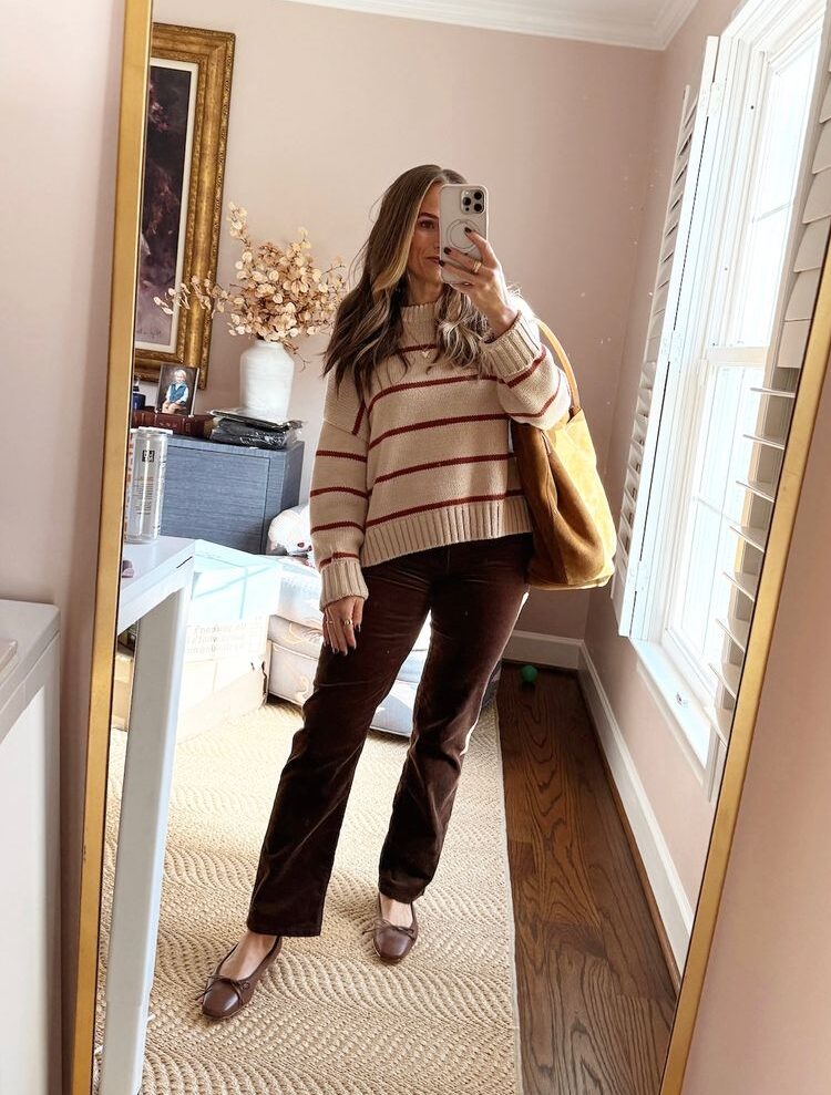 Velvet Trousers with Striped Knit Sweater Velvet Trousers with Striped Knit Sweater — Casual Winter Outfits