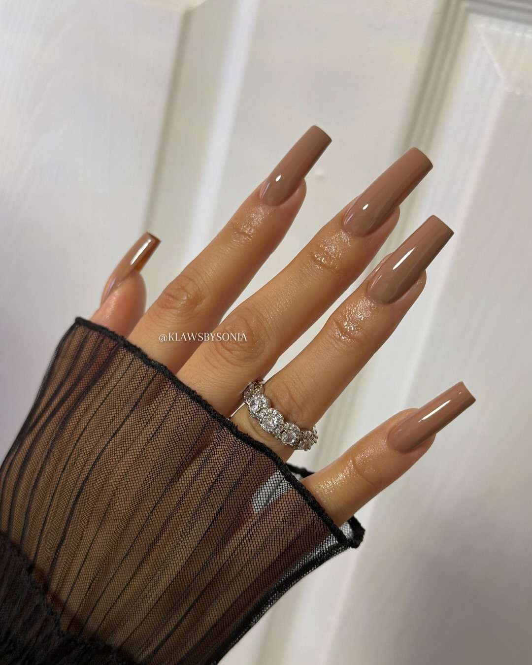 Extra-Long Coffin Light Brown Glossy Nails — Mocha Nails