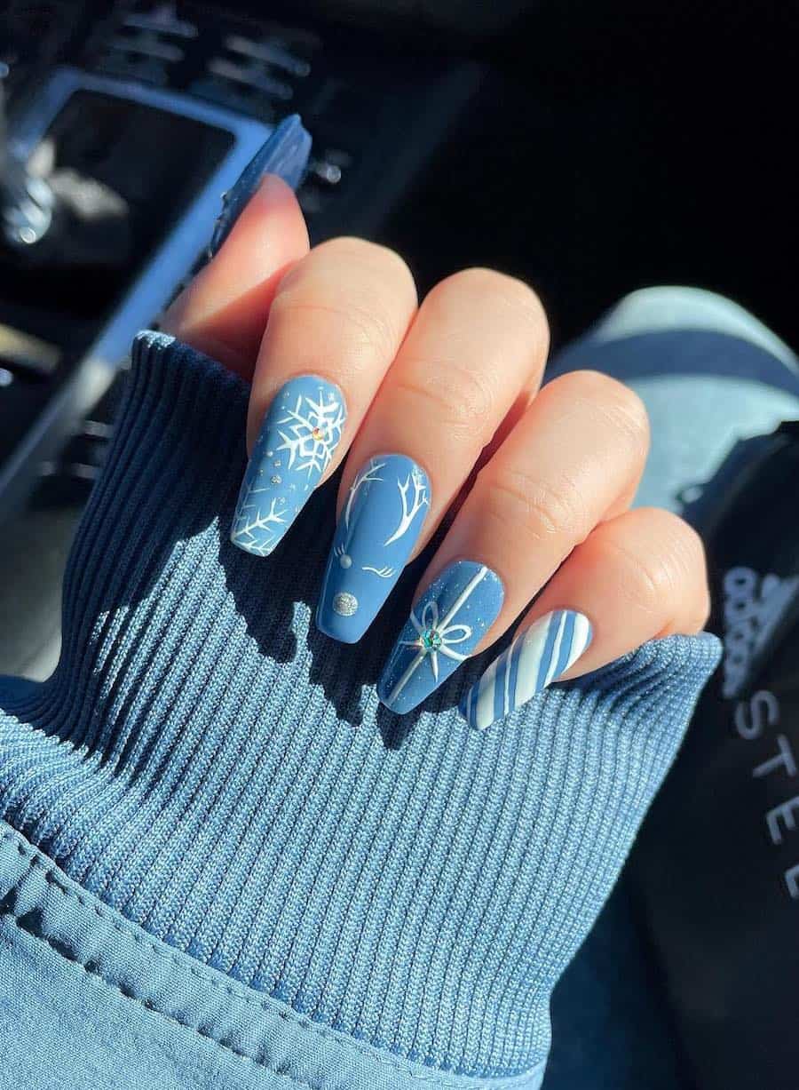 Matte Dusty Blue Winter Art Coffin Nails Matte Dusty Blue Winter Art Coffin Nails — Winter Coffin Nails
