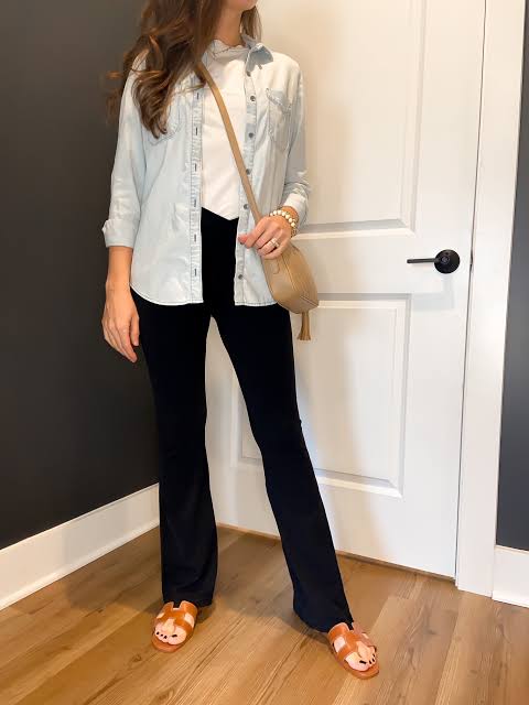 Casual Flare Leggings with Denim Shirt and Slide Sandals — Flare Leggings Outfits