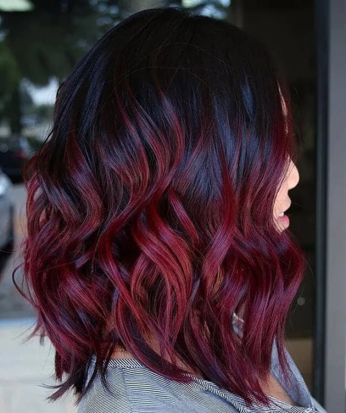 Dark Brown to Deep Red Collarbone Lob Dark Brown to Deep Red Collarbone Lob — Winter Ombre Hair