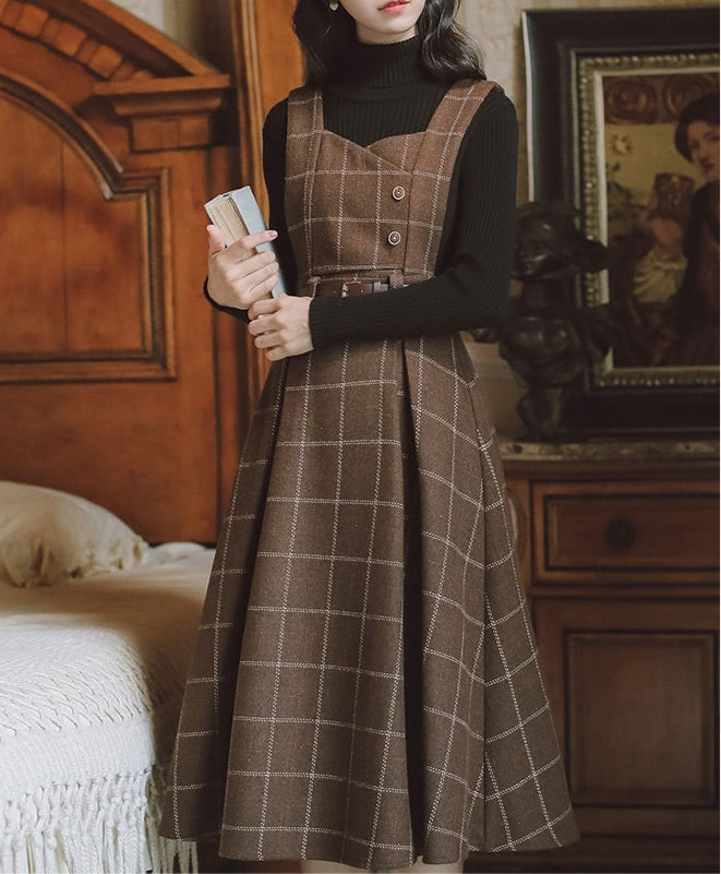 Plaid Pinafore Dress with Turtleneck — Dark Academia Winter Outfits