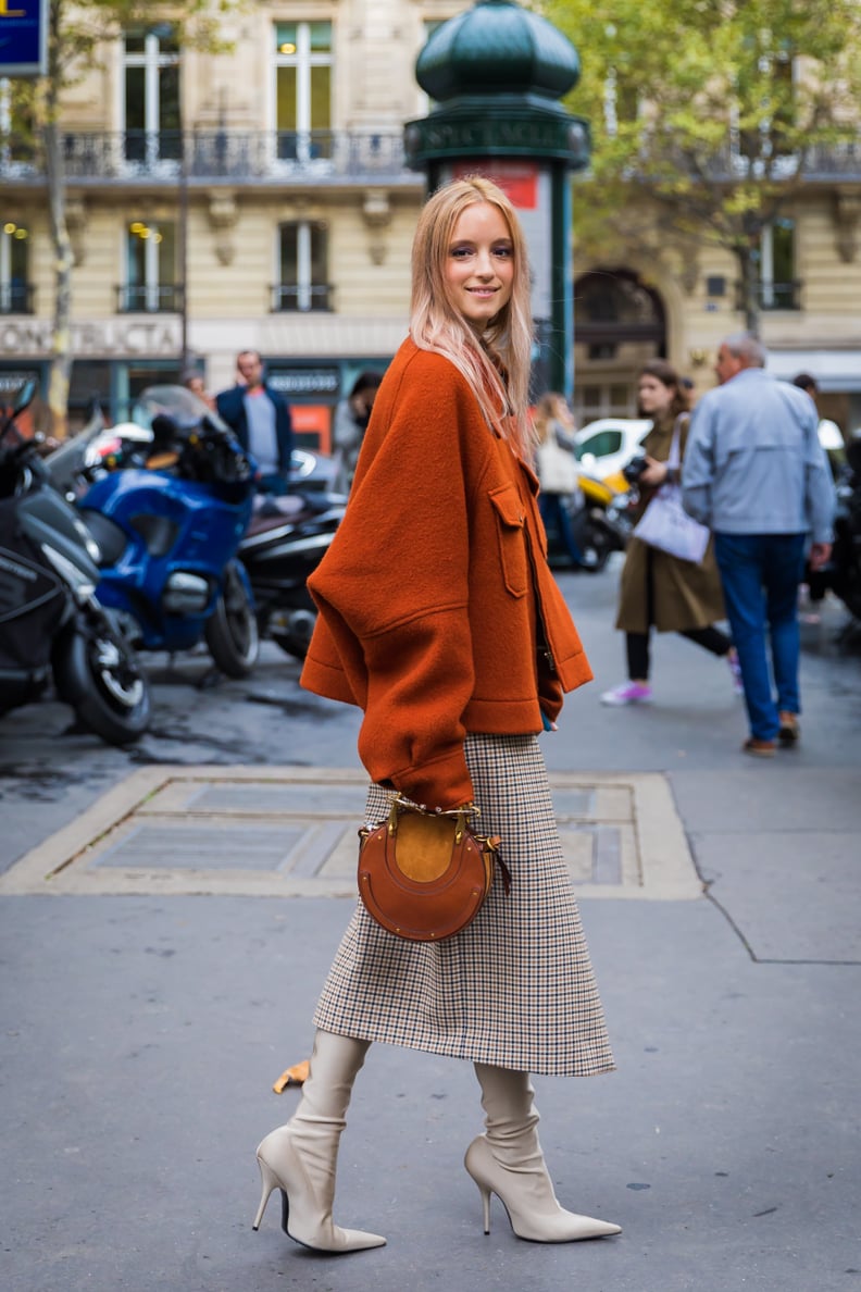 Orange Cropped Jacket Over Plaid Midi Skirt Orange Cropped Jacket Over Plaid Midi Skirt — Winter Work Outfits