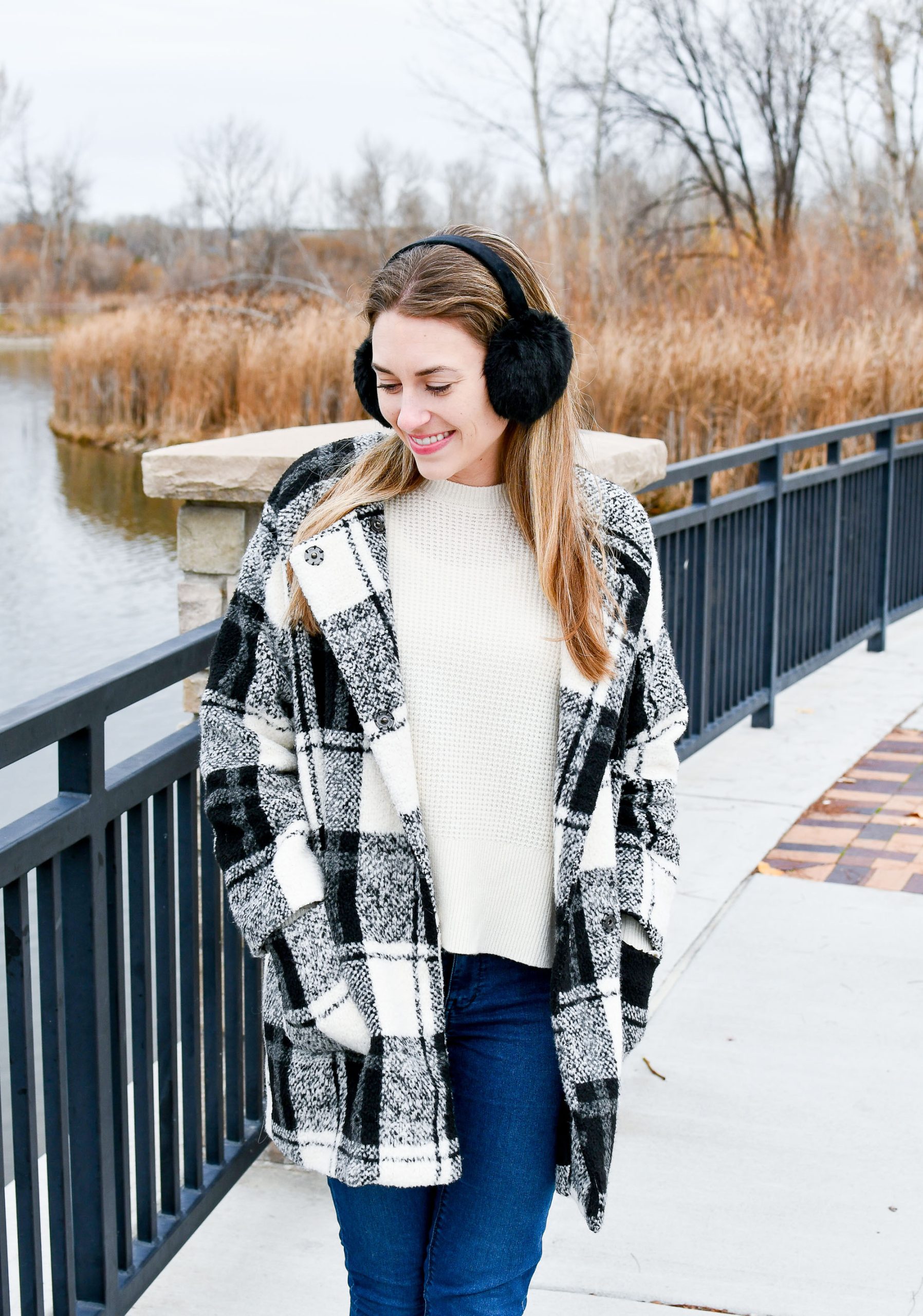 Classic Plaid: Black Earmuffs with a Checkered Coat Classic Plaid: Black Earmuffs with a Checkered Coat — Earmuffs Outfits