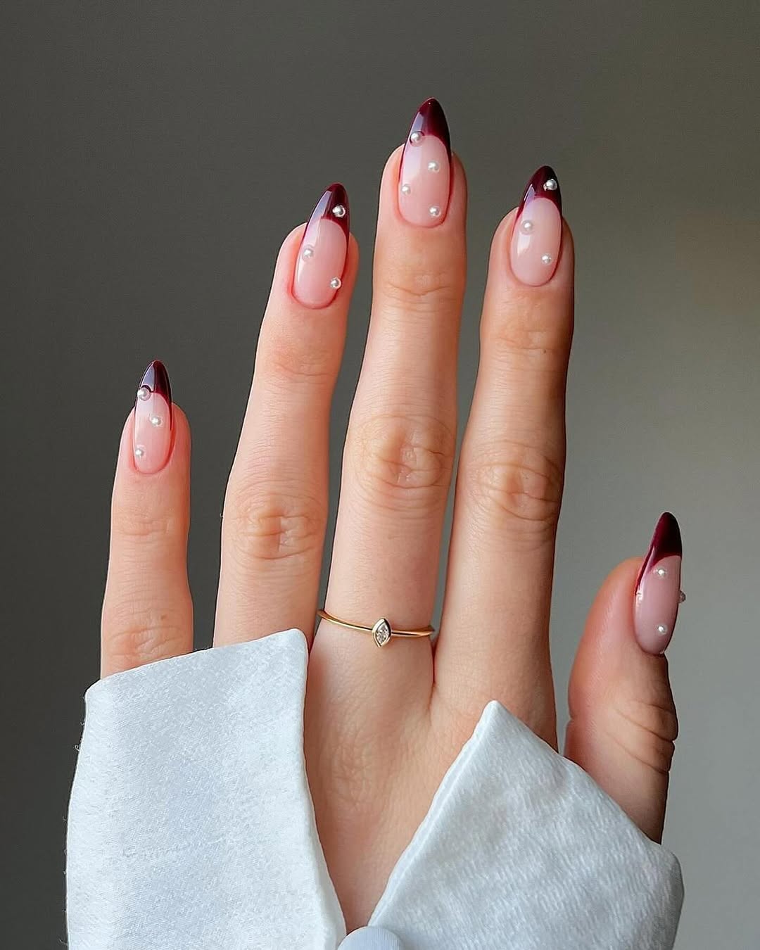 Burgundy Pearl Stiletto French Nails Burgundy Pearl Stiletto French Nails — Winter Wedding Nails