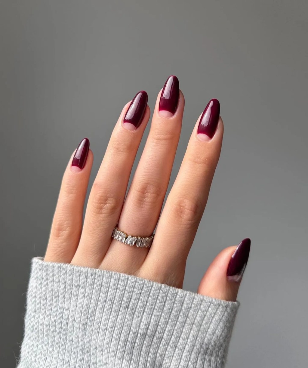 Burgundy Half-Moon Accent Nails — Winter Nail Colors for Women Over 70