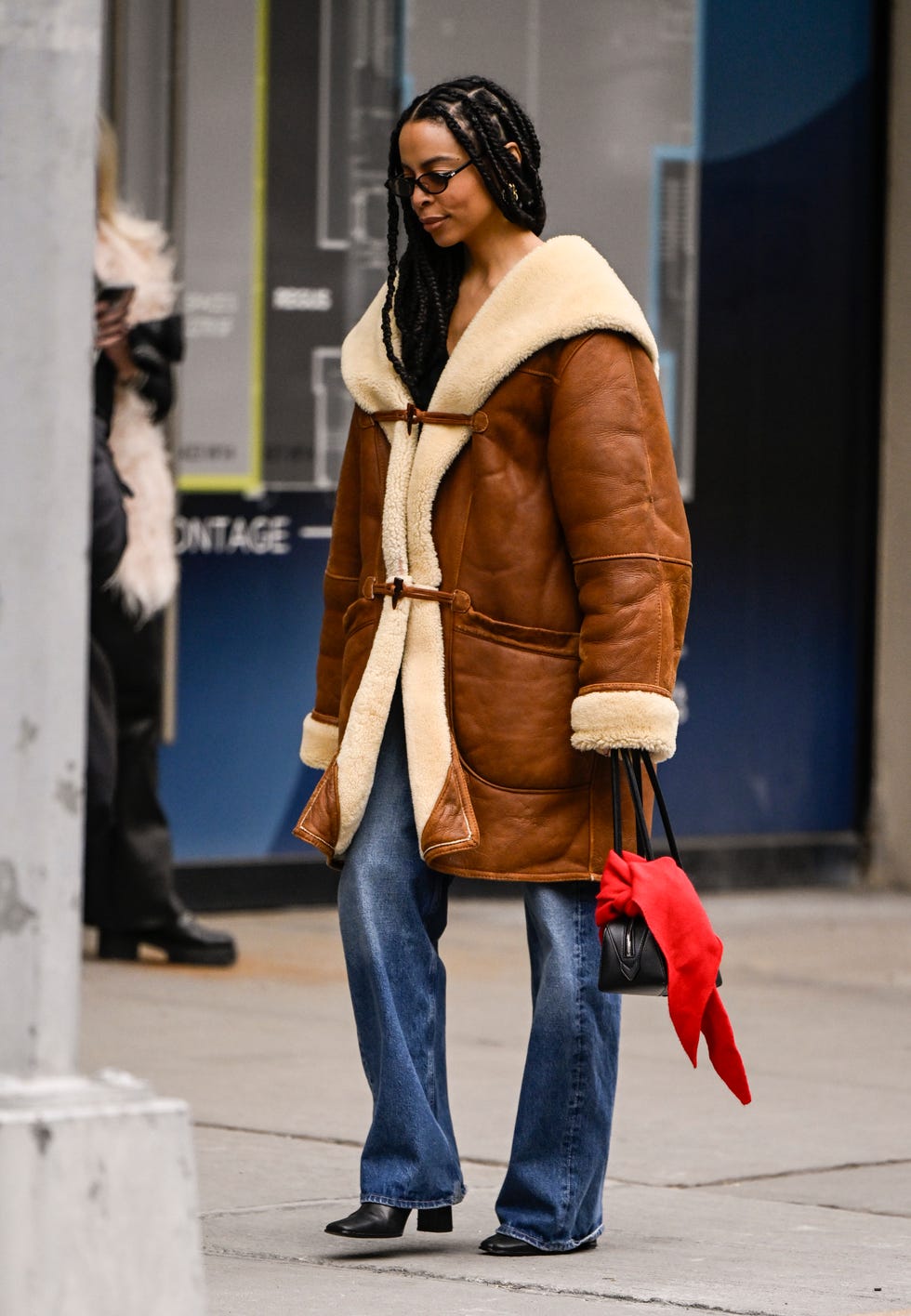 Shearling-Lined Jacket with Wide-Leg Jeans and Scarf Accent — NYC Winter Outfits