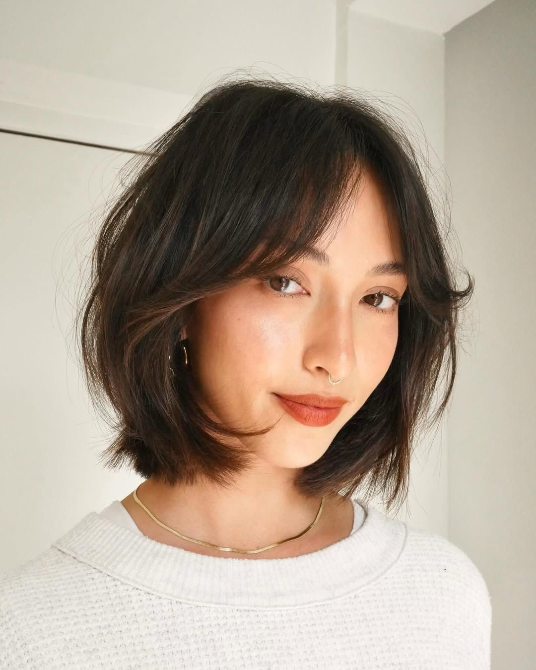 Dark Brown Bob Textured Waves Dark Brown Bob Textured Waves — Winter Haircuts with Curtain Bangs
