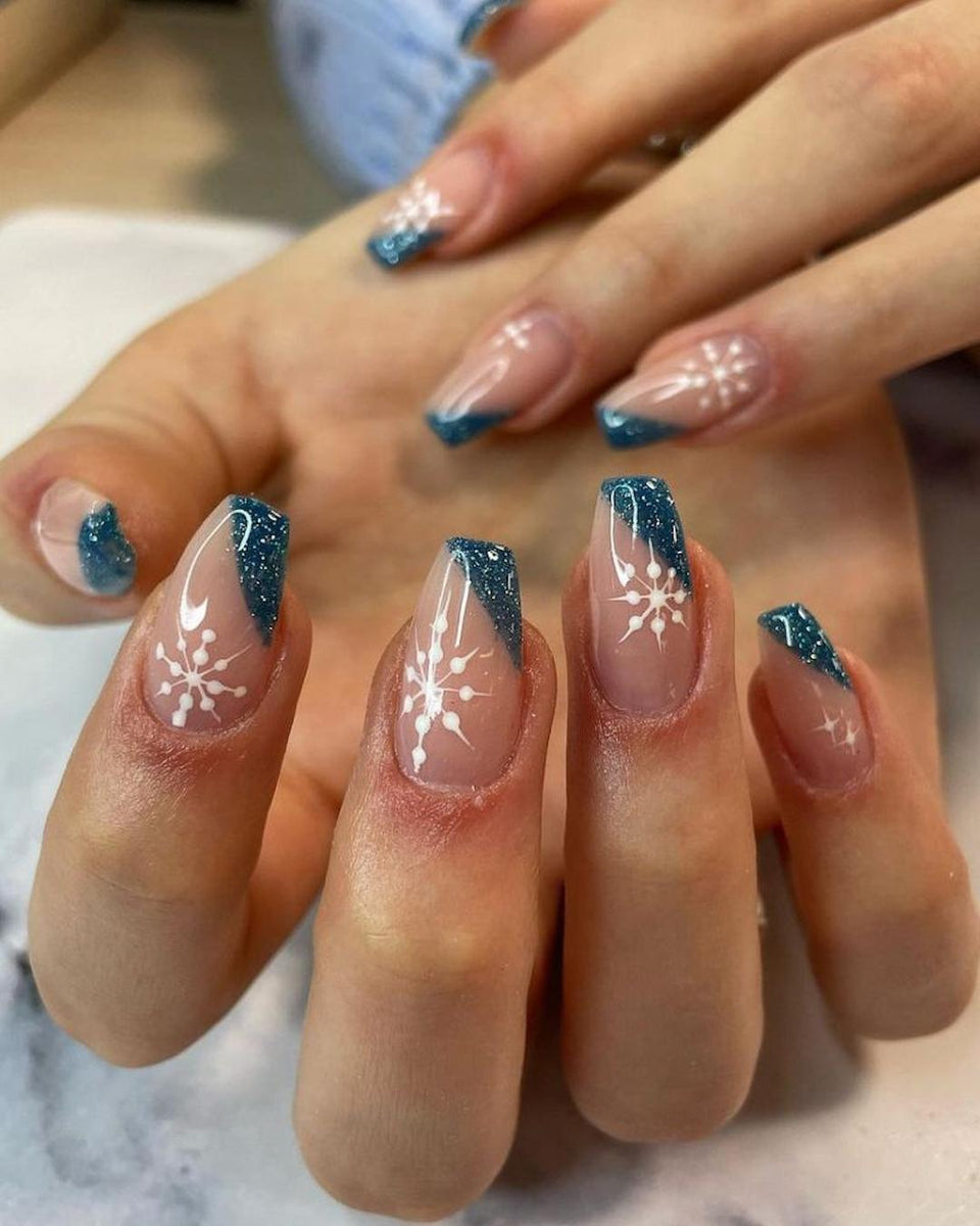 Teal Glitter French Snowflake Coffins Teal Glitter French Snowflake Coffins — Winter Formal Nails