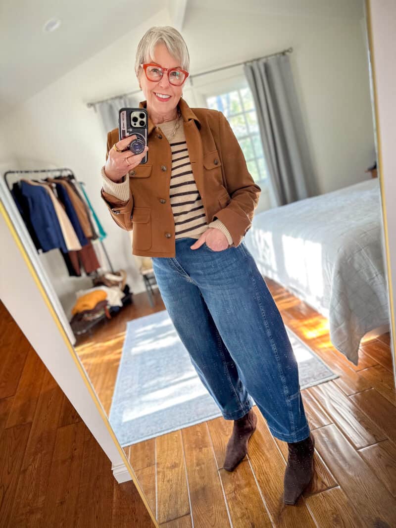 Casual Winter Ensemble: Suede Jacket over Striped Sweater and Jeans — Winter Capsule Wardrobe