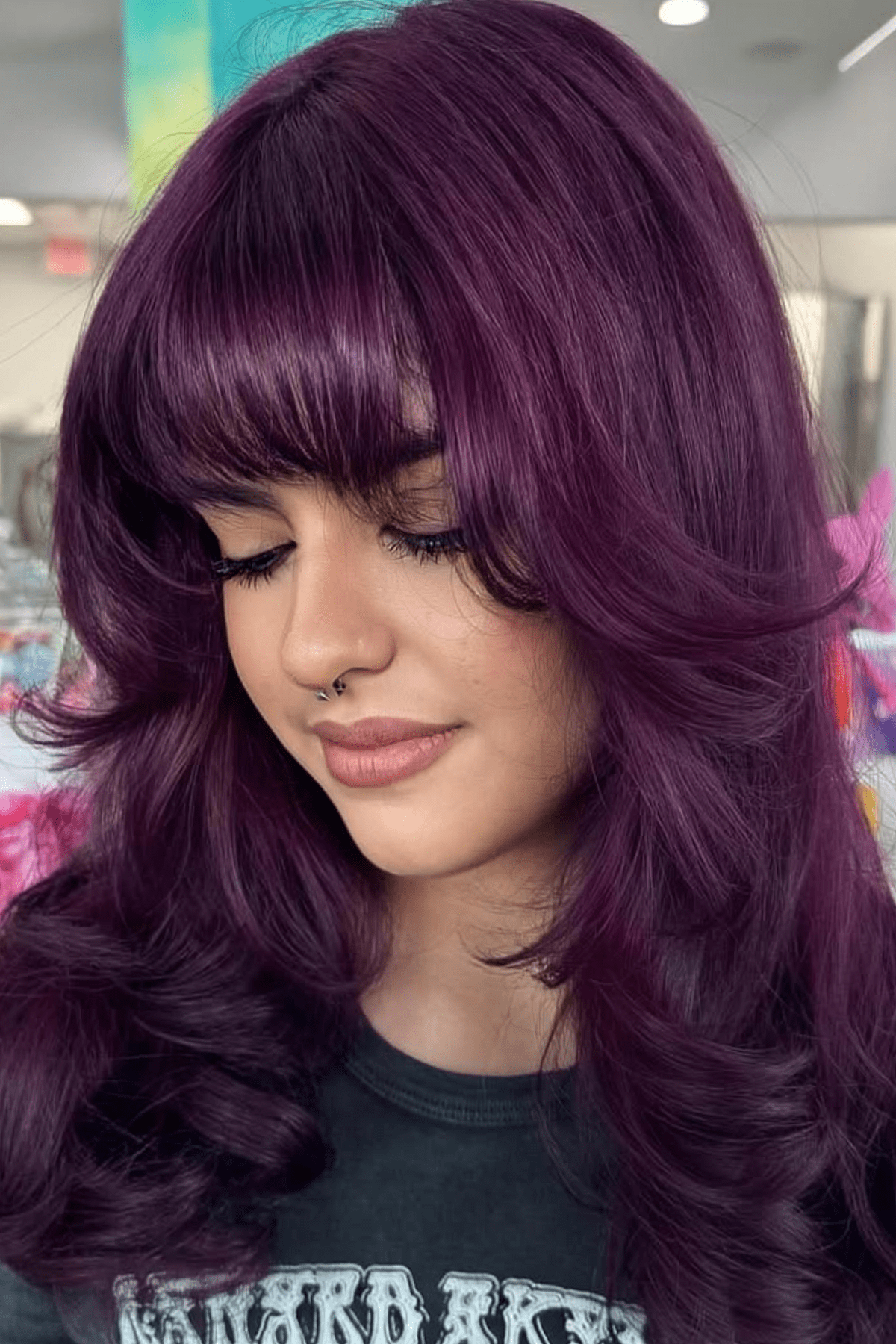 Collarbone Plum With Violet Undertones And Bangs — Plum Hair Color