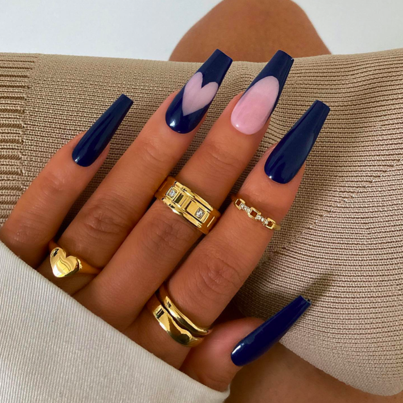 Long Coffin Navy with Pink Heart Tips Long Coffin Navy with Pink Heart Tips — Navy Blue Nails