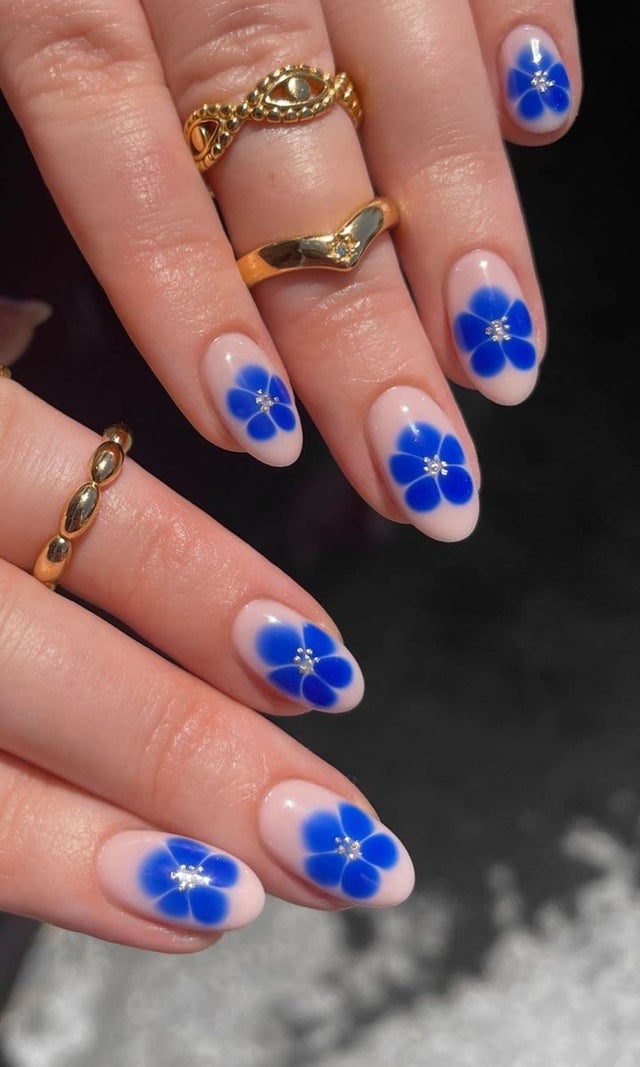 Blue Floral Crystal Almond Nails Blue Floral Crystal Almond Nails — almond nail designs