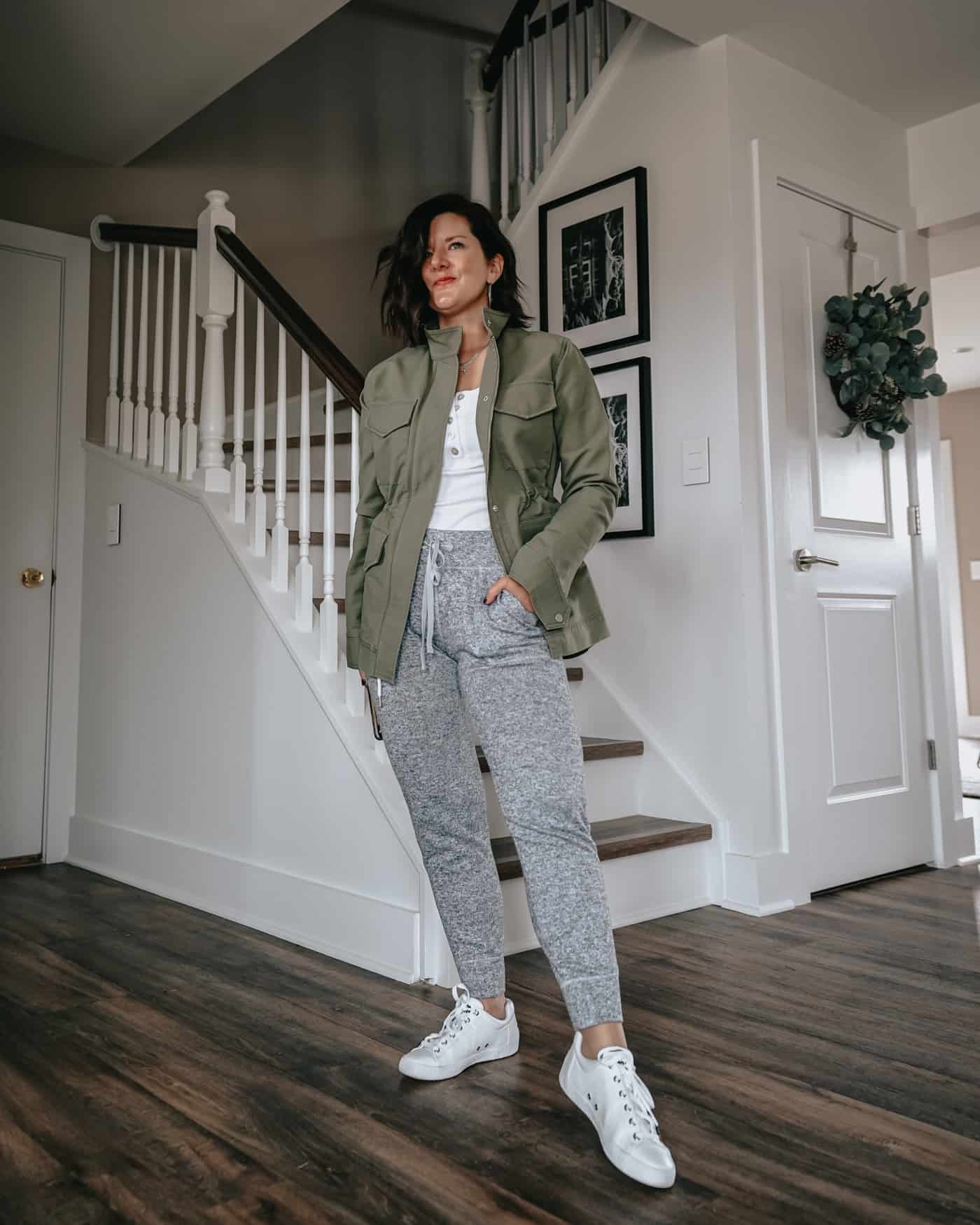 Grey Joggers with Utility Jacket and White Sneakers — Loungewear Outfits