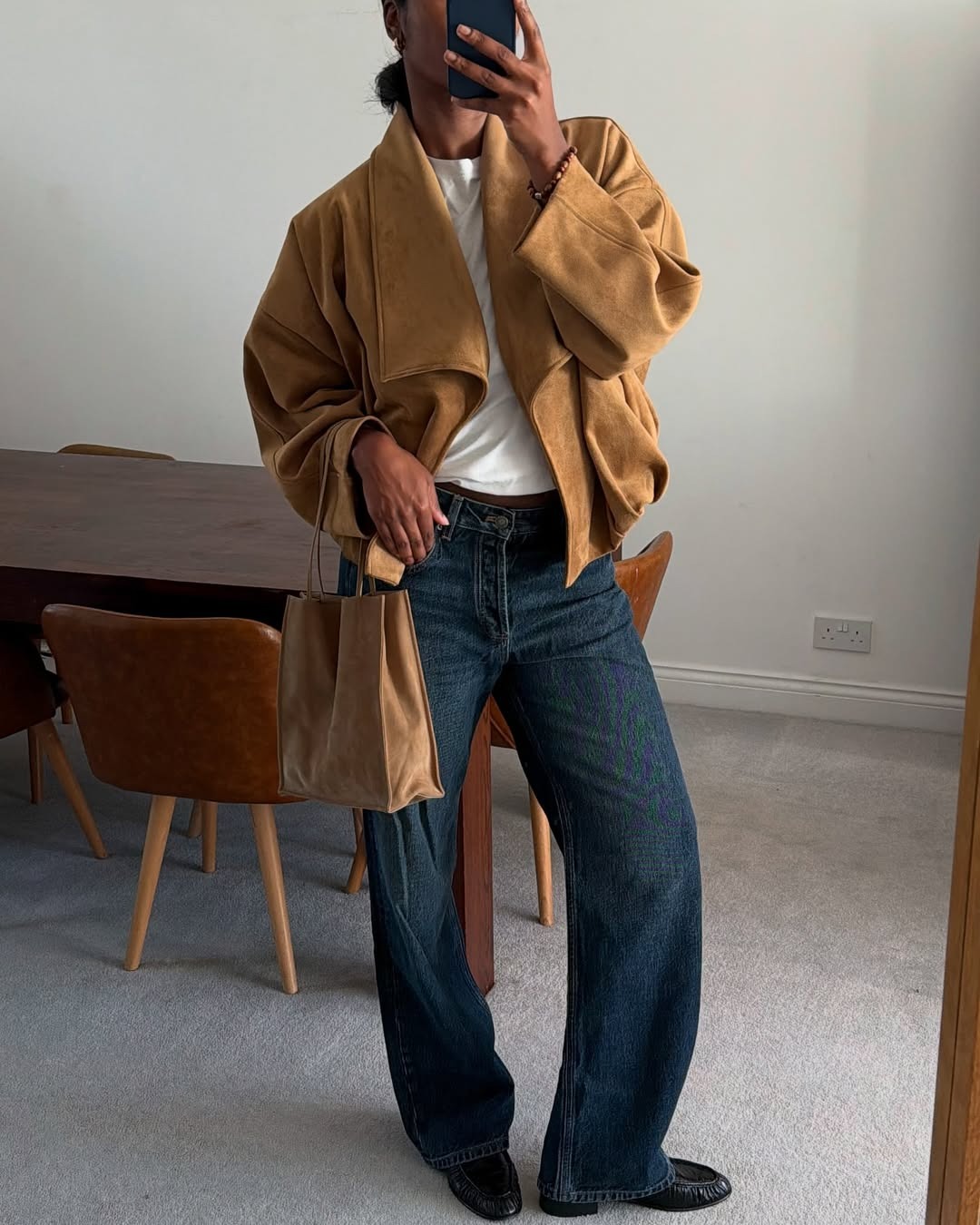 Suede Waterfall Jacket Over T-Shirt and Wide-Leg Jeans — Winter to Spring Transition Outfits