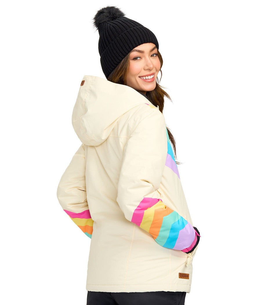 Cream Ski Jacket with Rainbow Stripes for a Playful Look Cream Ski Jacket with Rainbow Stripes for a Playful Look — Colorful Winter Outfits