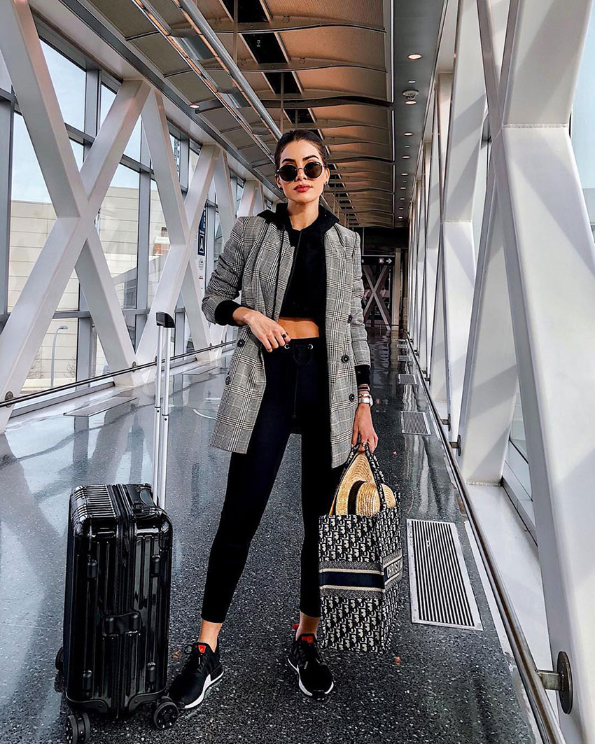 Oversized Plaid Blazer over Crop Top and Leggings — Winter Airport Outfits