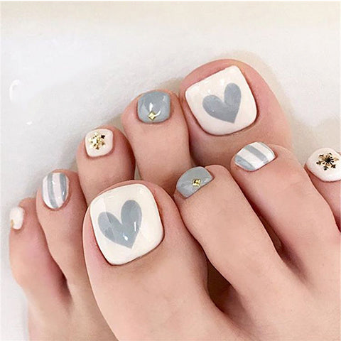 White and Grey Hearts with Gold Studs — Winter Toe Nails
