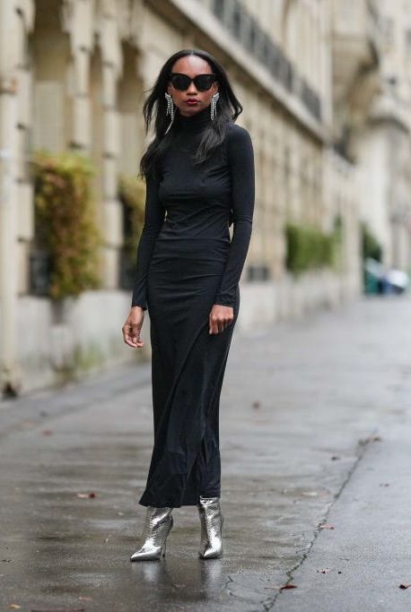 Black Turtleneck Maxi Dress with Silver Ankle Boots — Late Winter Outfits