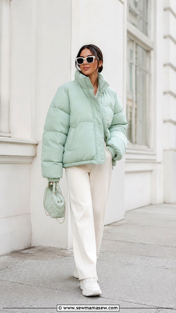 Mint Green Puffer Jacket with Wide-Leg Pants for a Casual Campus Style — Winter College Outfits