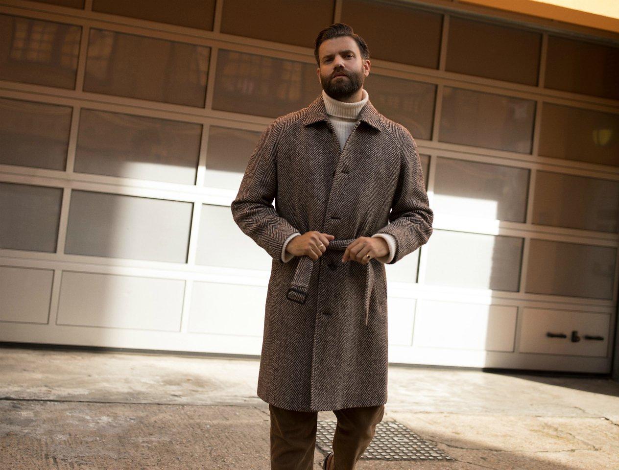 Herringbone Coat with Tie Belt for Classic Winter Appeal — Winter Outfits for Men