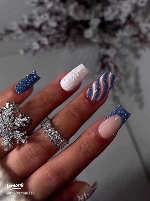 Blue Glitter Wavy French Coffin Nails Blue Glitter Wavy French Coffin Nails — Long Winter Nails
