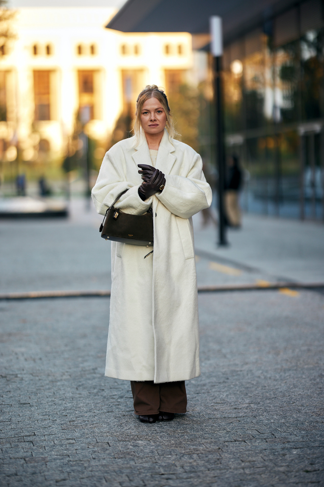 Cream Textured Coat Over Wide-Leg Trousers for Chic Comfort — Winter Dinner Outfits