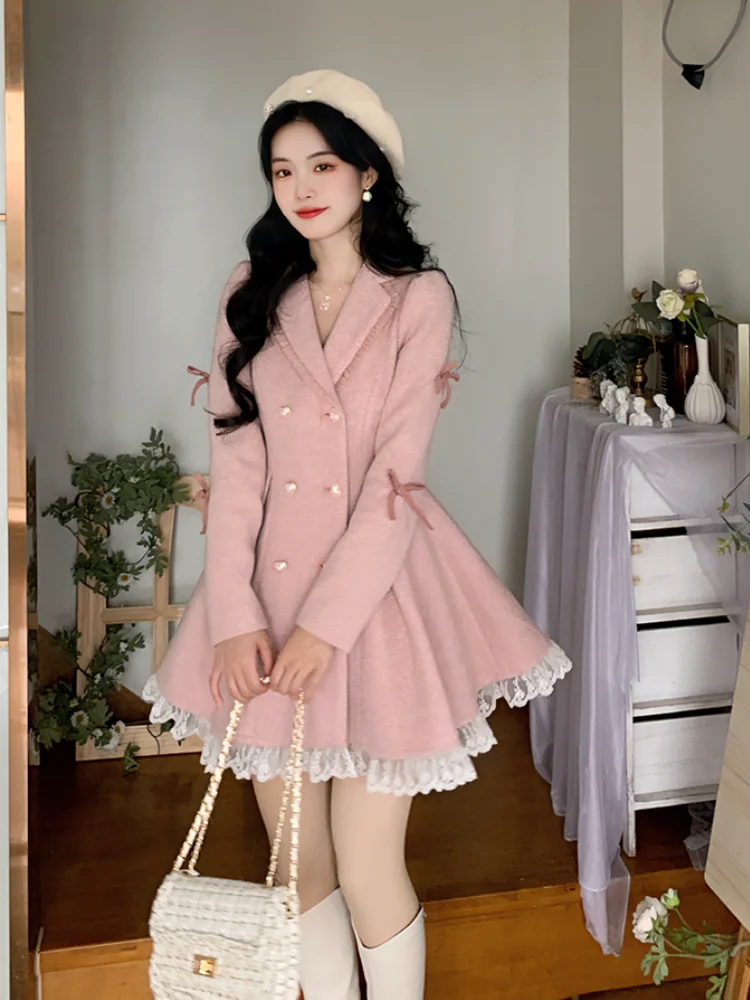 Pastel Pink Coat Dress with Lace Trim — Korean Winter Outfits