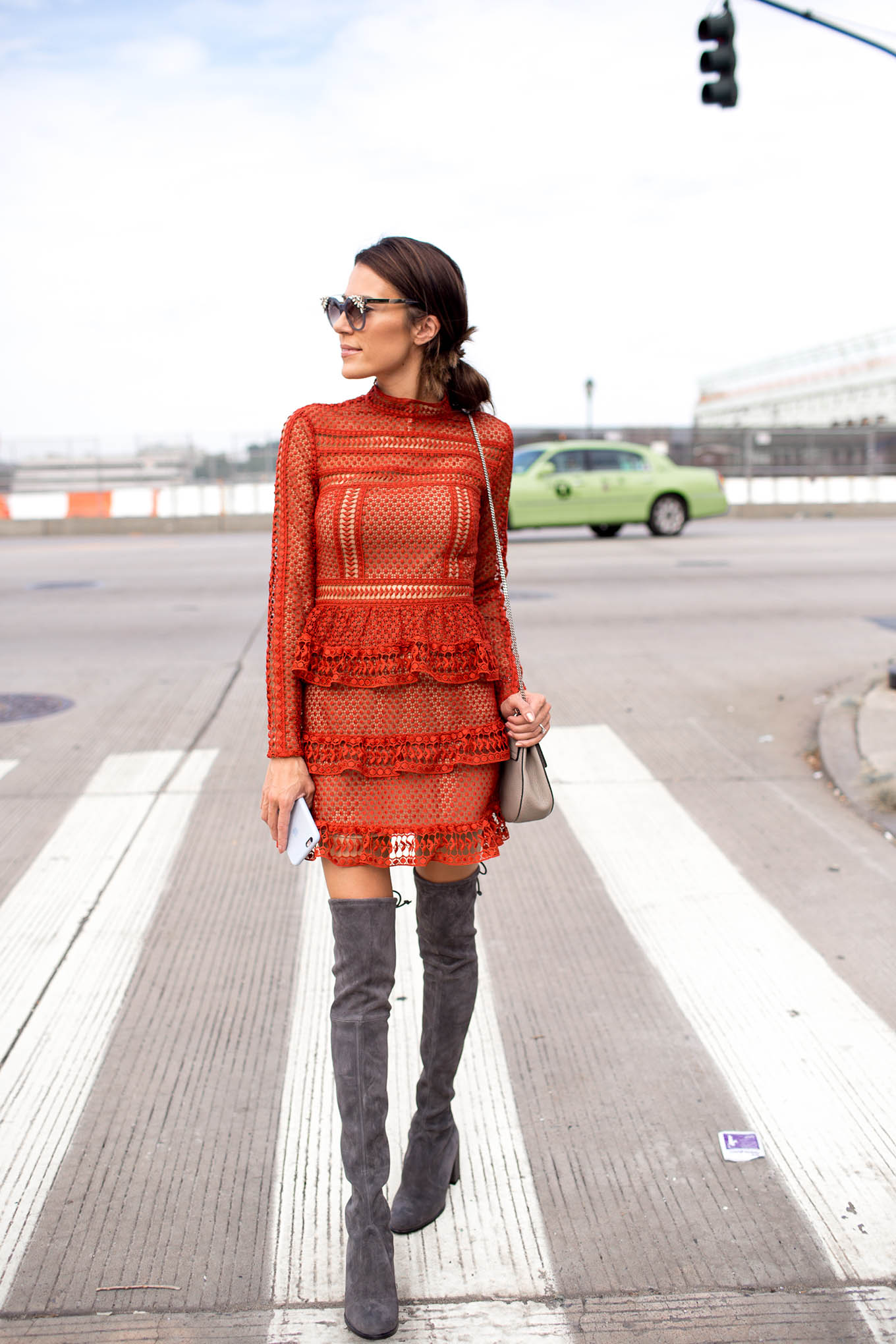 Grey Suede Over-the-Knee Boots with Orange Lace Dress — Over the Knee Boots Outfits