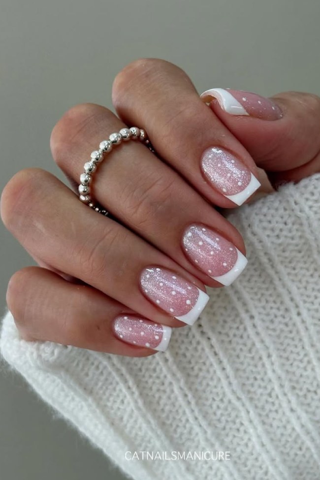 Short Square Pink Glitter Polka Dots — Winter French Tip Nails