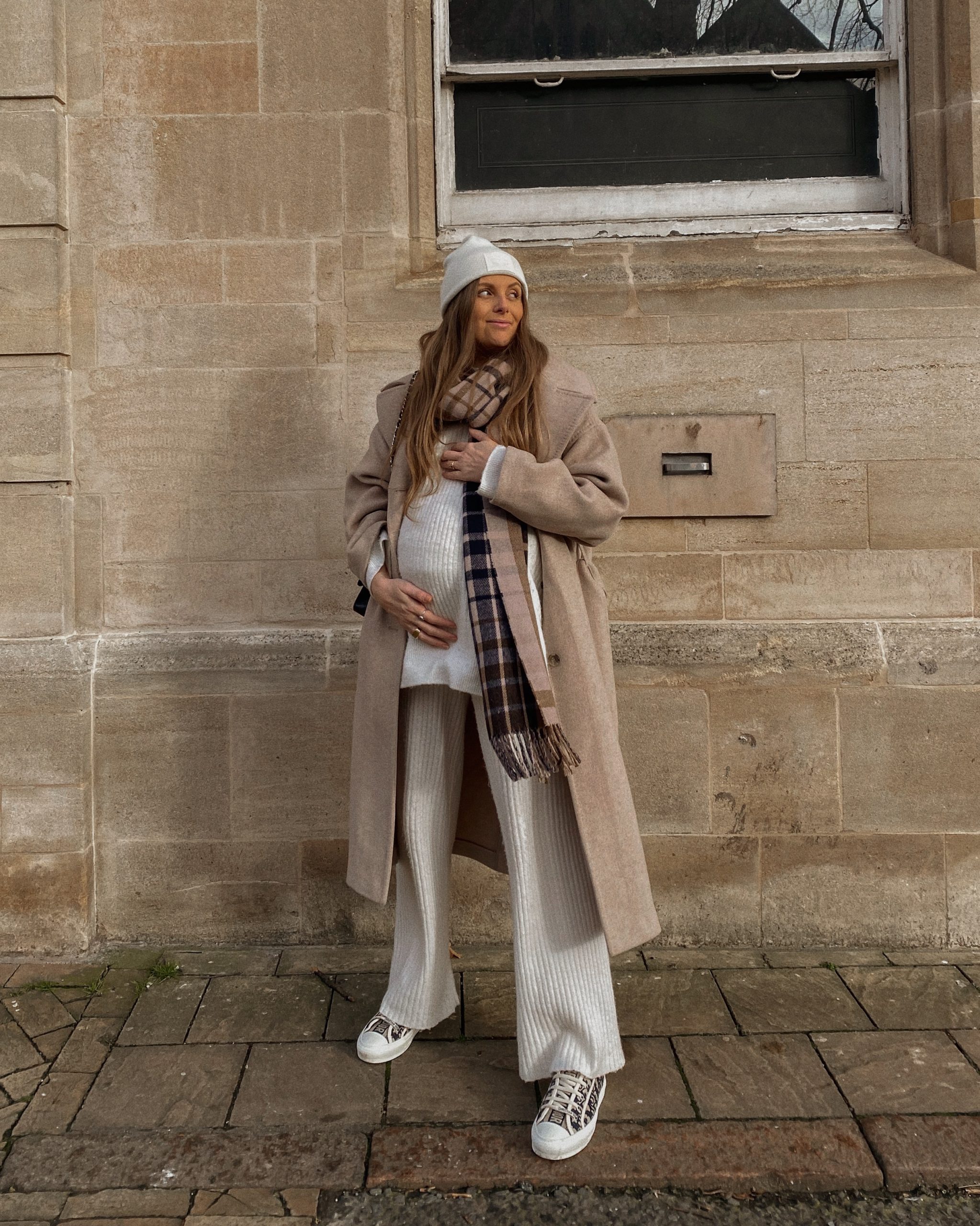 Neutral Winter Maternity Outfit with Plaid Scarf — Winter Maternity Outfits