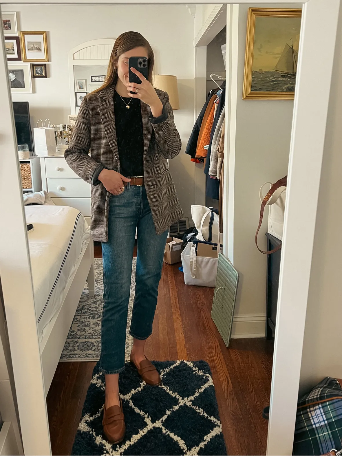 Plaid Blazer with Patterned Sweater — Preppy Winter Outfits